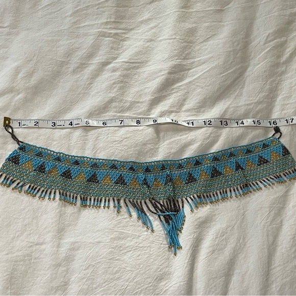 Blue Gold Brown Native American Style Beaded Necklace Collar Handmade - Picture 5 of 7